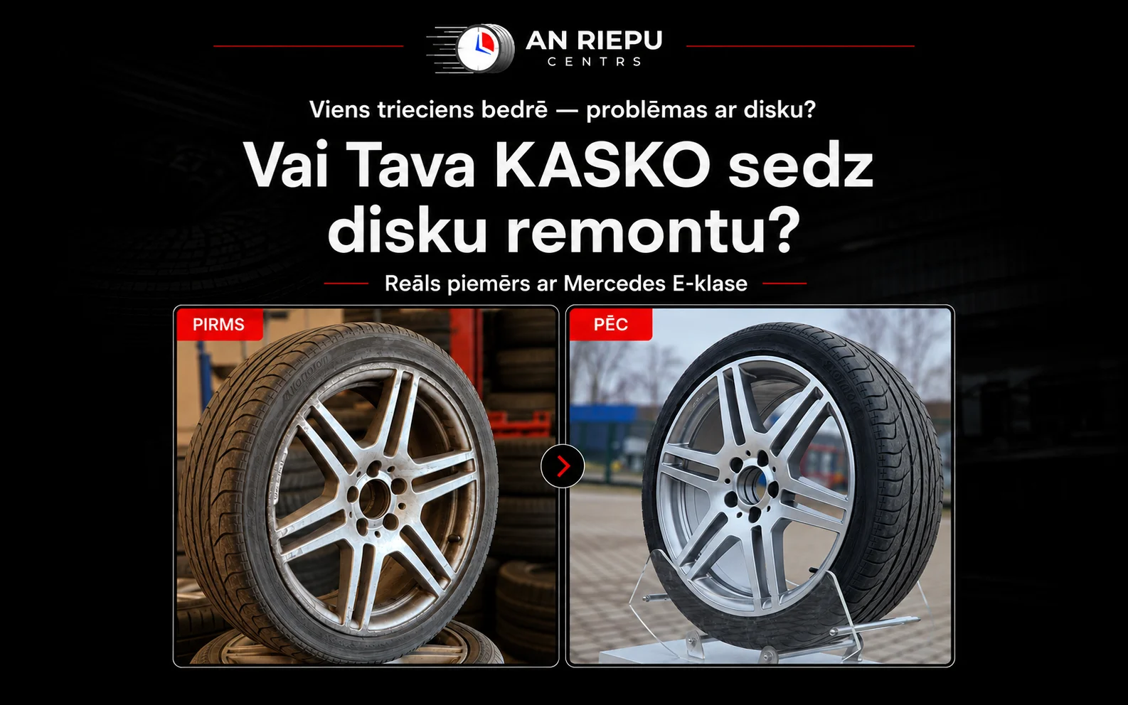 Viens trieciens bedrē un 10 dienas sarežģīta darba: Mercedes-Benz E klases diska remonts, ko apmaksāja KASKO